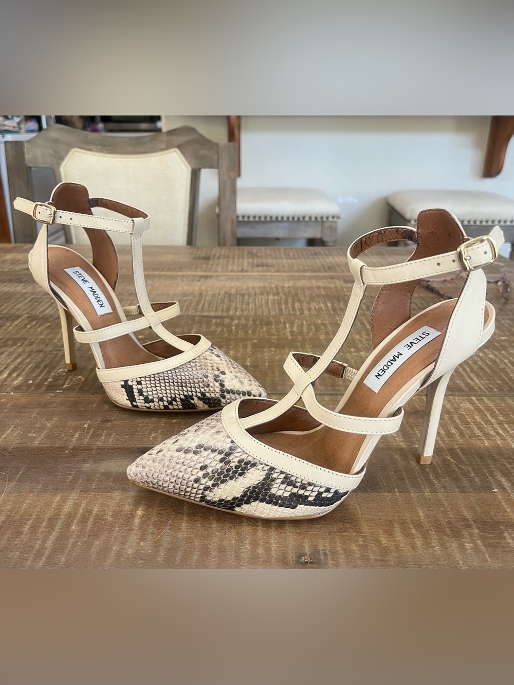 Steve Madden Cream Snake-Print T-Strap Pointed Stiletto Heels Size 8